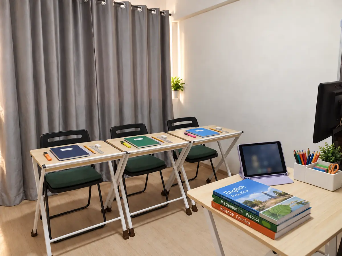Three learner stations with notebooks and stationery beside a teacher desk with practice books and a tablet.